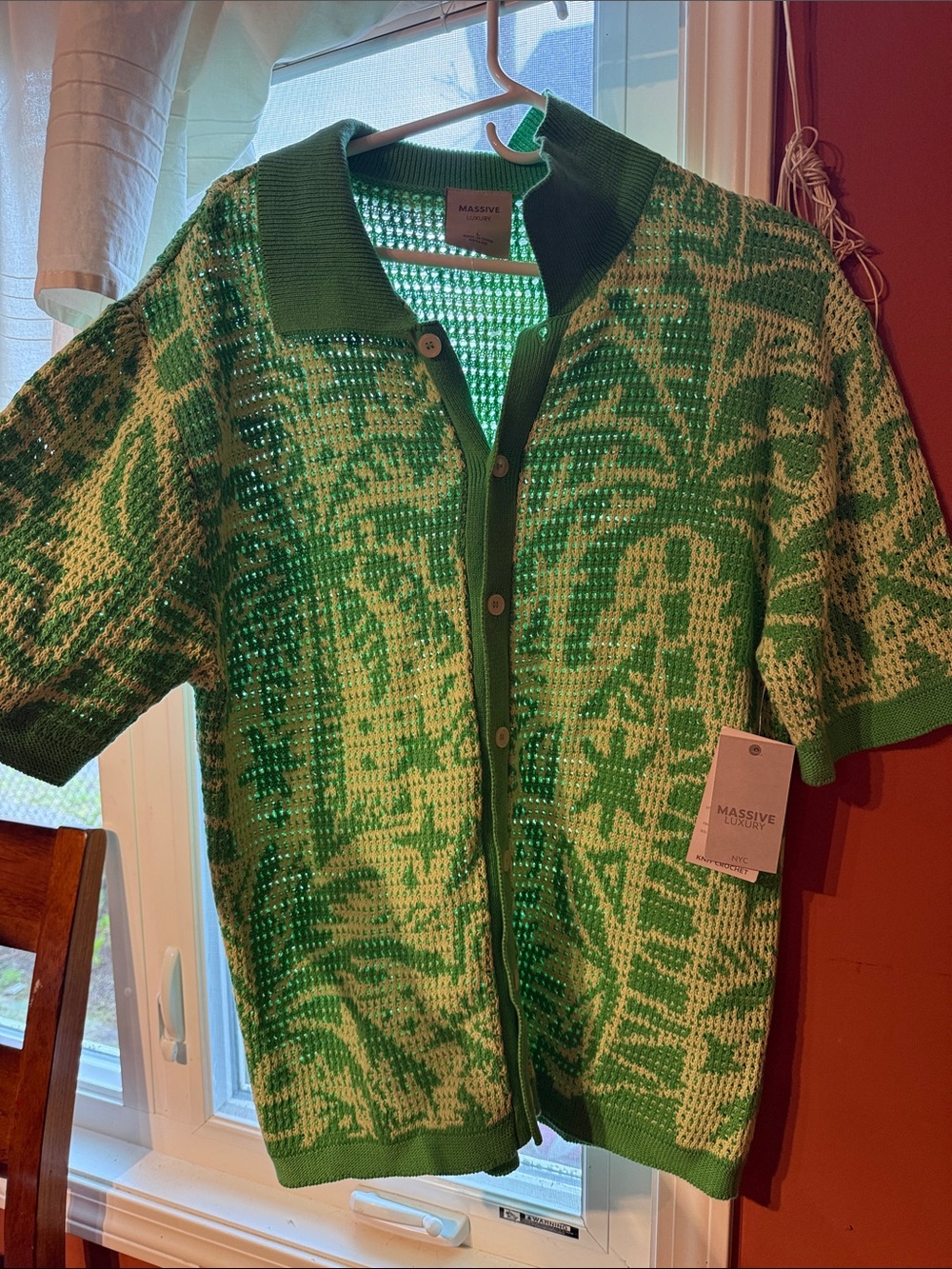 New MassivMen’s large Green and Cream Knit Button-Up Cardigan - Tropical Pattern